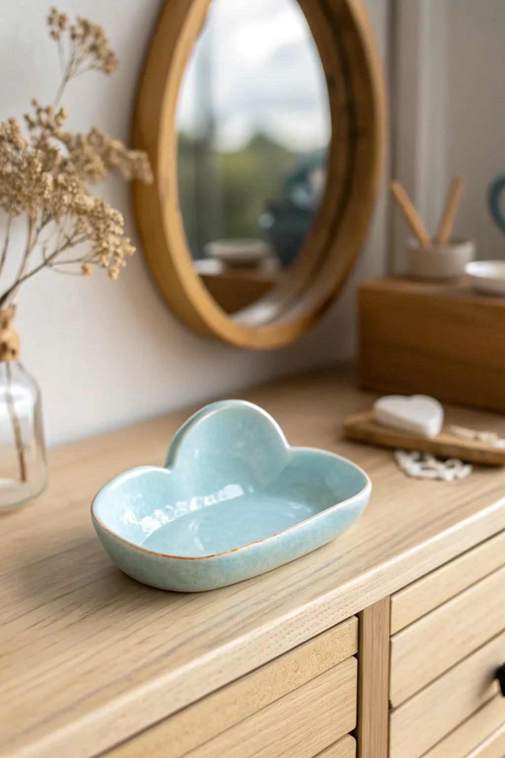 Dreamy baby-blue cloud dish with glossy shine, styled minimal on a warm oak dresser.