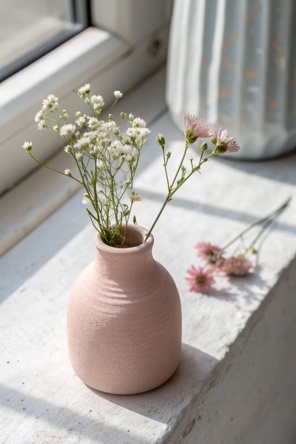Tiny pastel magnet vase with a wildflower sprig, minimalist boho charm for any metal surface.
