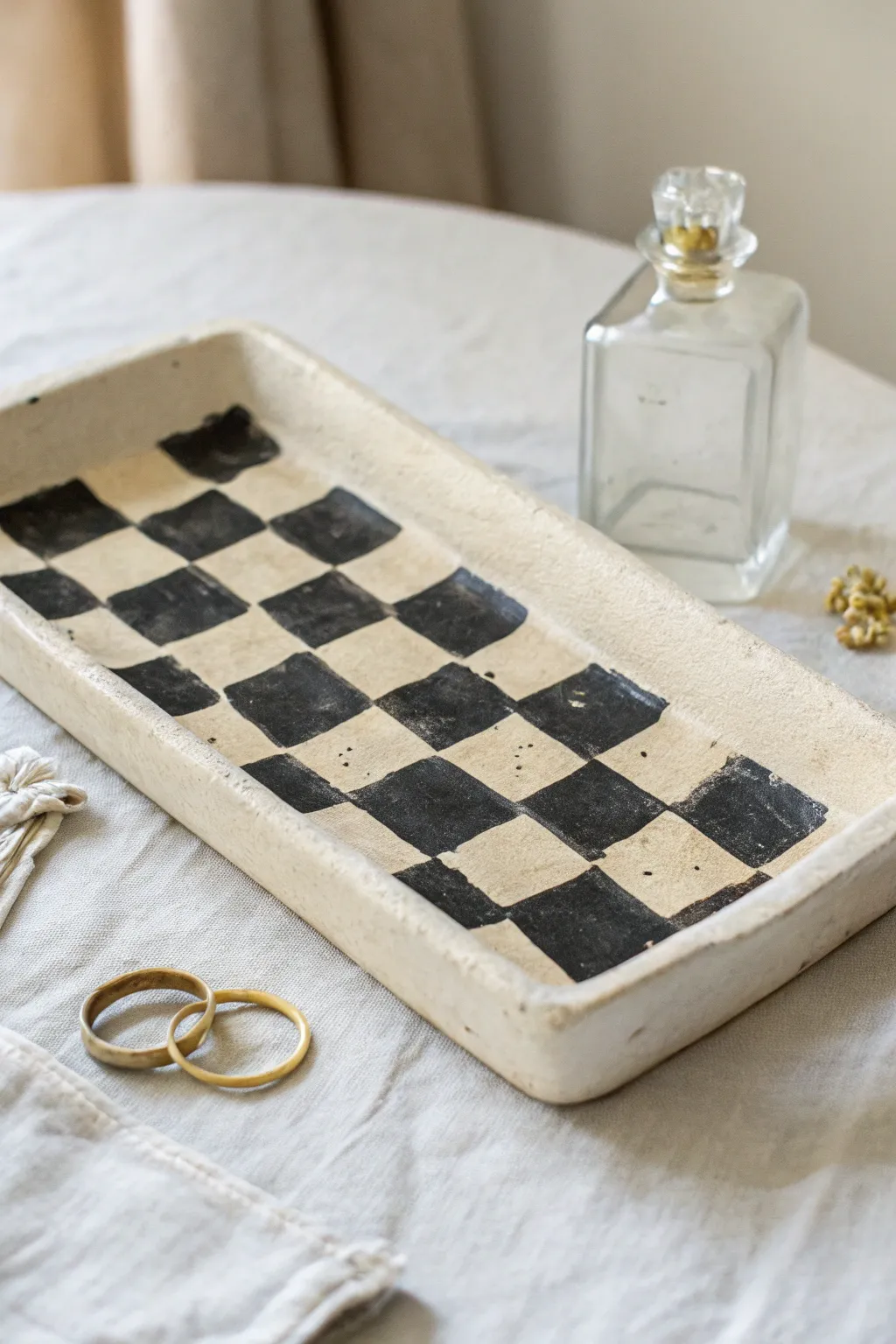 Minimal checkerboard clay tray in black and cream, styled with rings for chic boho calm.