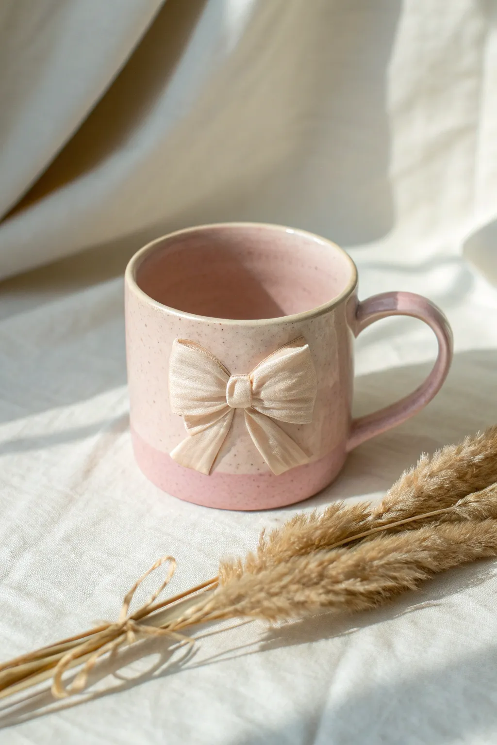Sweet bow-handle mug in soft pastel pink, minimal and handcrafted with cozy Scandinavian charm.