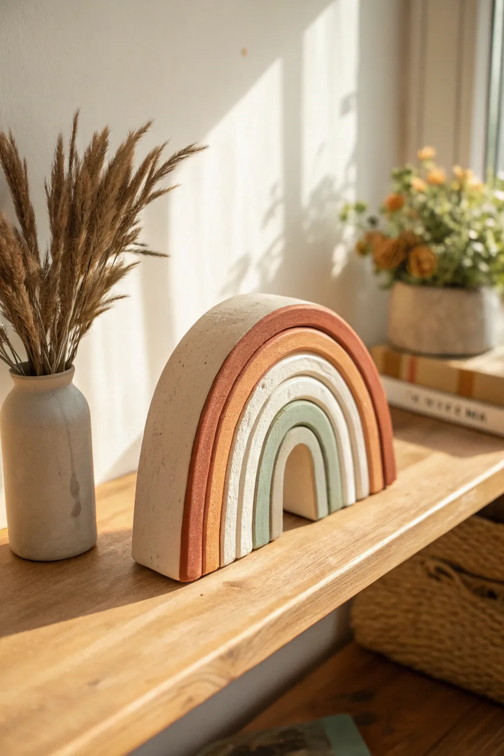 Chunky air clay rainbow arch in terracotta, cream, and sage for warm minimalist shelf decor