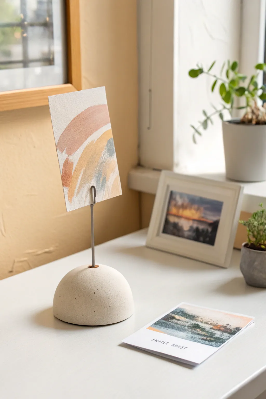 Modern air-dry clay photo holder stand to display a favorite postcard, minimalist and chic
