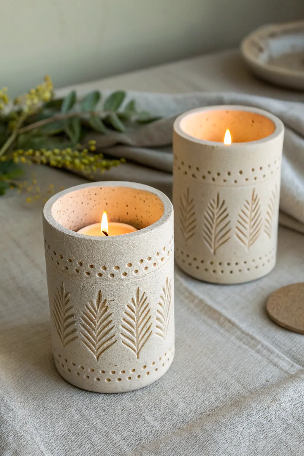 Two textured air-dry clay tealight holders glowing side by side for a cozy date night