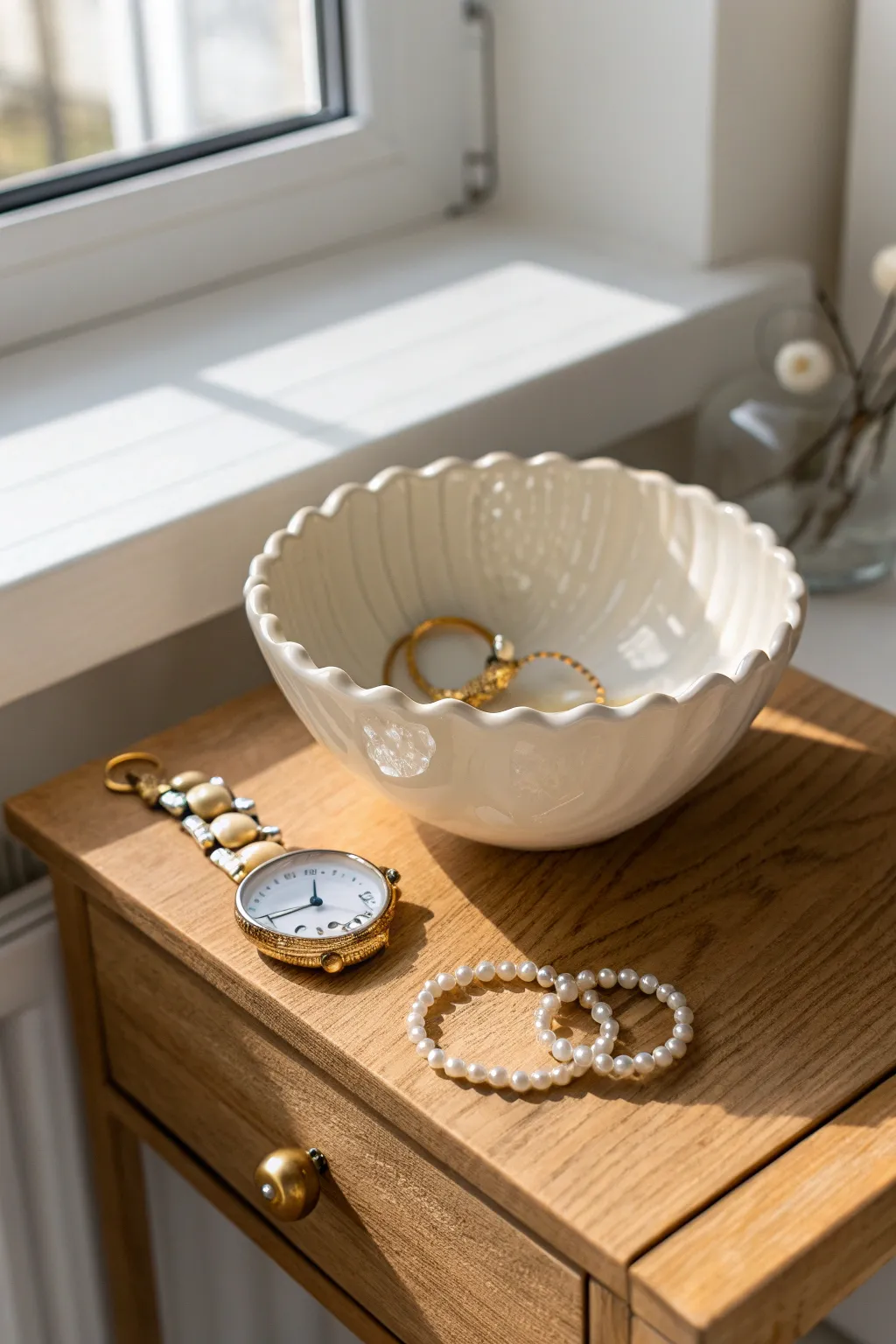 Scalloped air clay bowl with a glossy finish, styled to hold jewelry on a calm nightstand.
