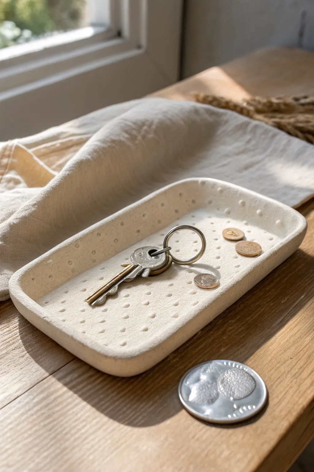 Stamped air-dry clay catchall tray: a simple beginner project that keeps keys and coins tidy.
