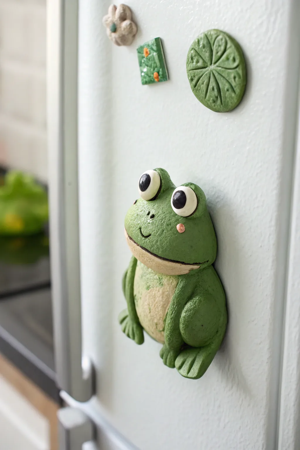 Sweet frog and pond friend air-dry clay magnets in a clean, minimalist fridge display
