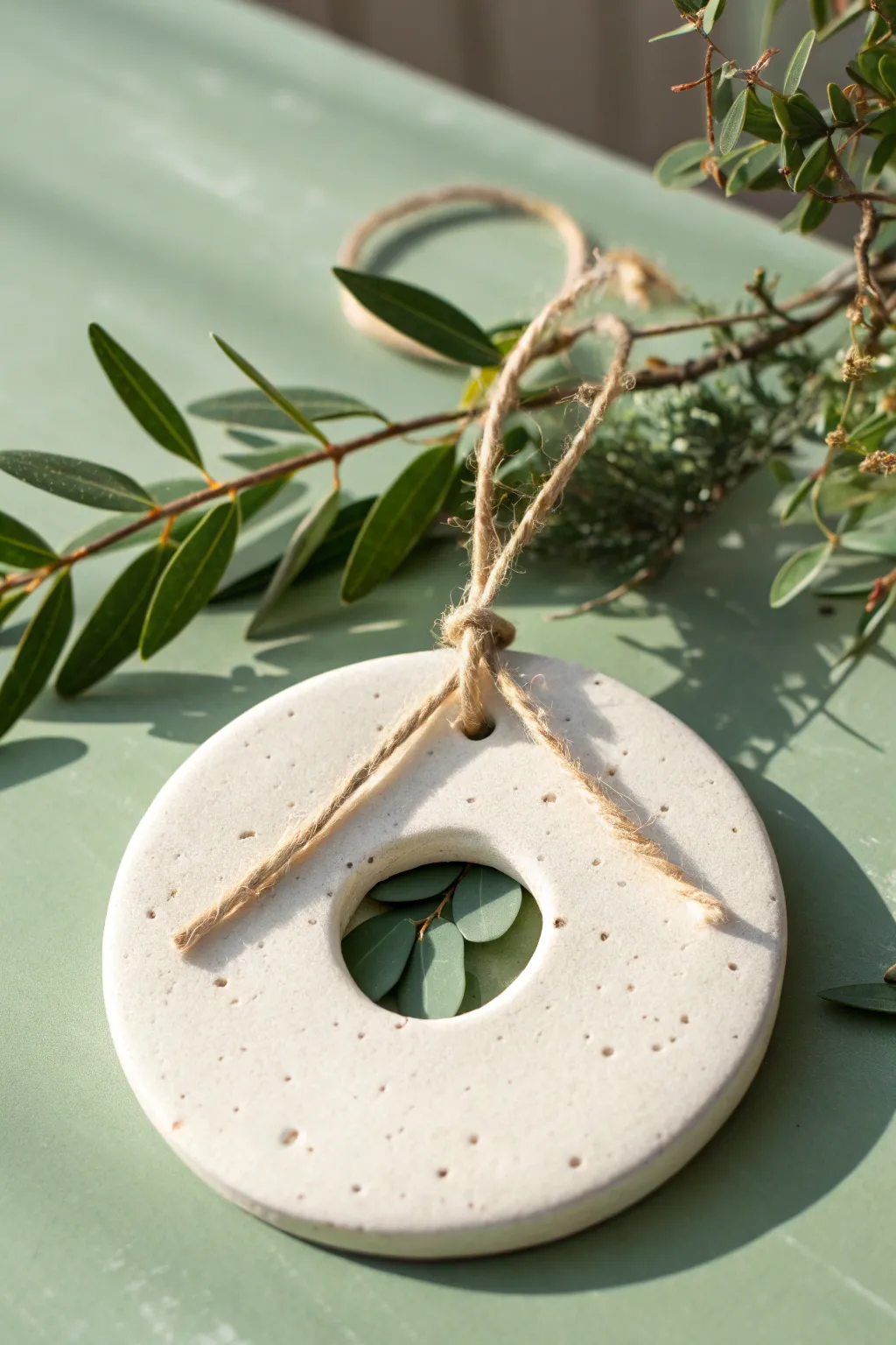 Minimal air-dry clay window ornament tied with twine, greenery peeking through the center.
