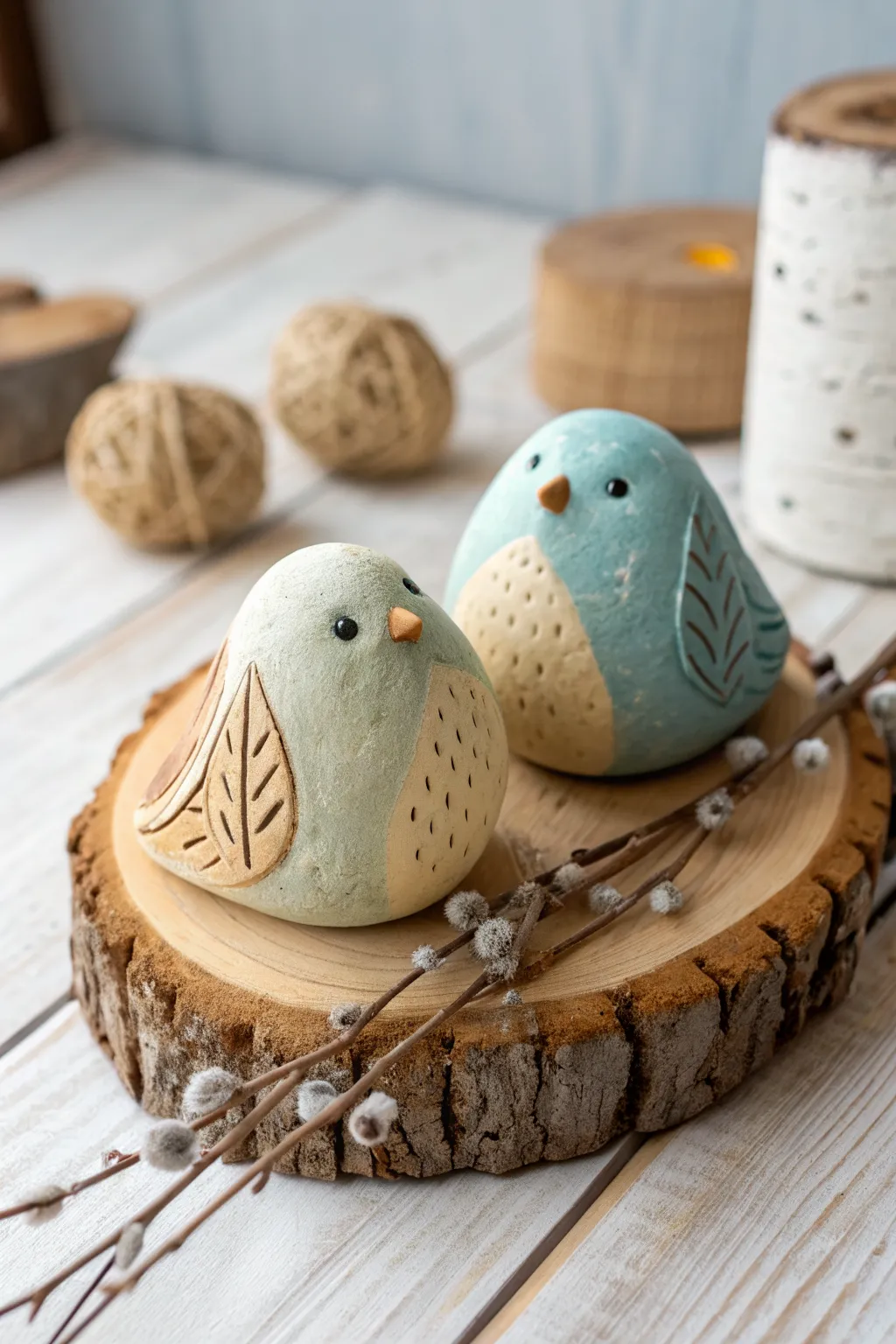 Sweet muted blue and cream bird duo sculpture, simple Scandinavian charm with boho warmth.