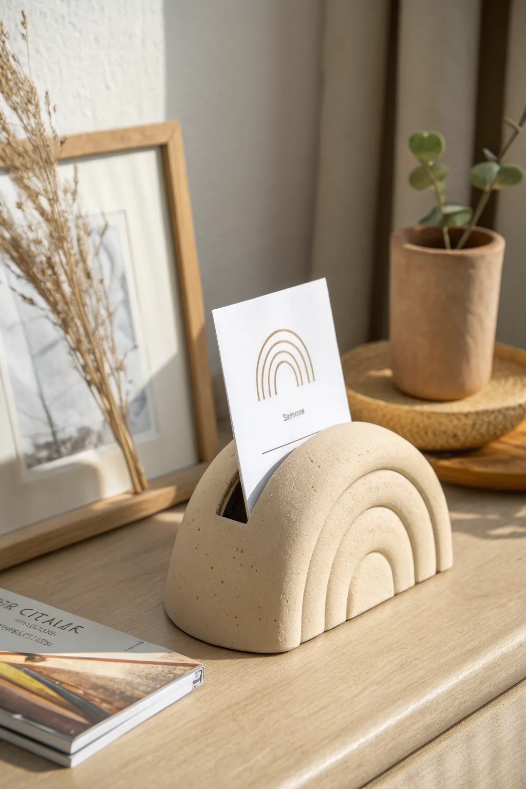 Modern air dry clay card holder with soft curves, minimalist desk styling and warm natural light.