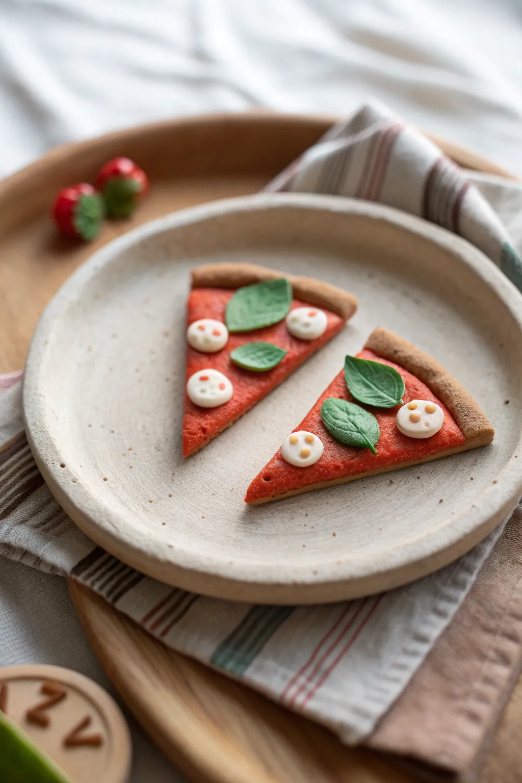 Tiny clay pizza date: two mini slices on a handmade plate, sweet and minimalist.