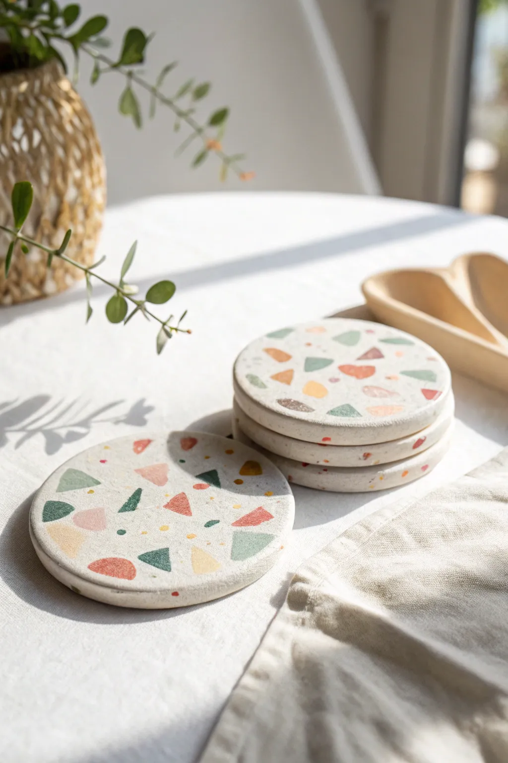 Easy terrazzo air dry clay coasters in soft pastels, minimalist and modern on a bright table