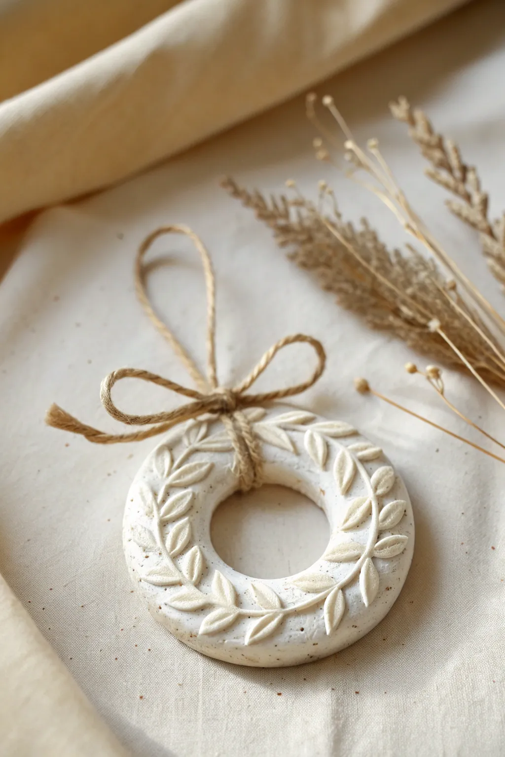 Minimal air-dry clay wreath ring ornament with leaf texture and twine, perfect for cozy Christmas.