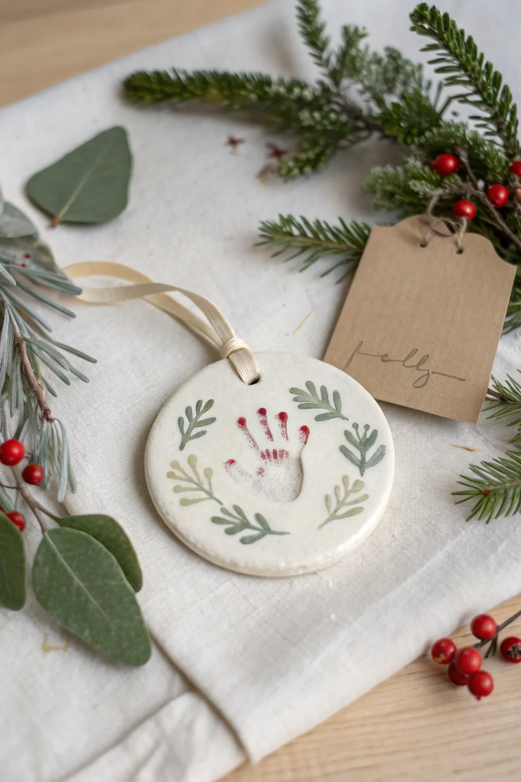 Sweet air dry clay handprint ornament with simple wreath detail, perfect Christmas keepsake gift.