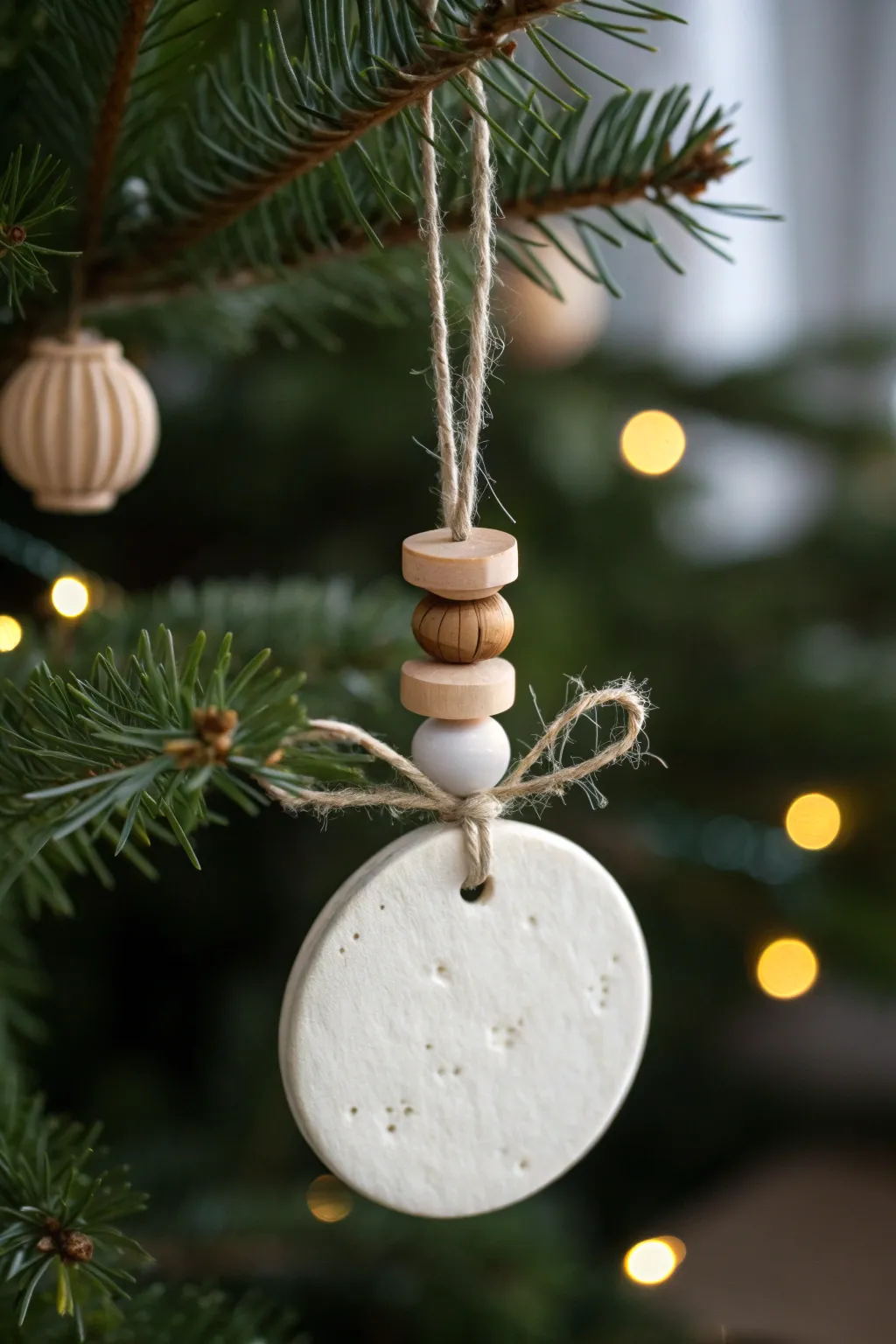 Simple air-dry clay ornament finished with stacked wood beads and twine for cozy Nordic charm.