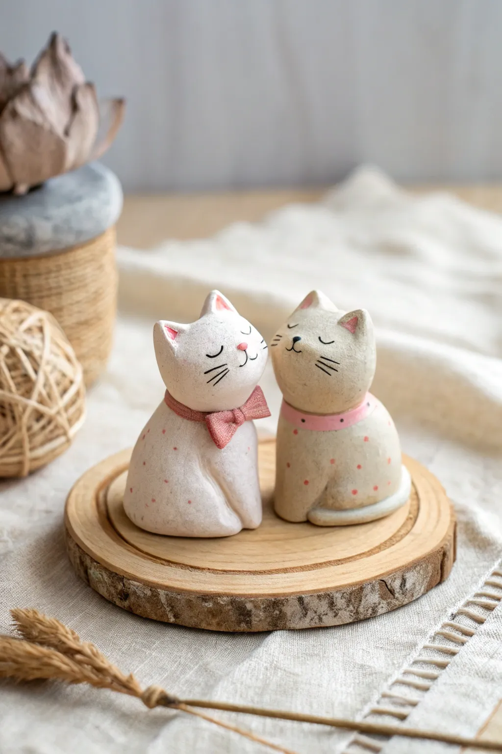 Sweet matching air-dry clay cat couple figurines in cozy pastel tones, minimal and handmade.