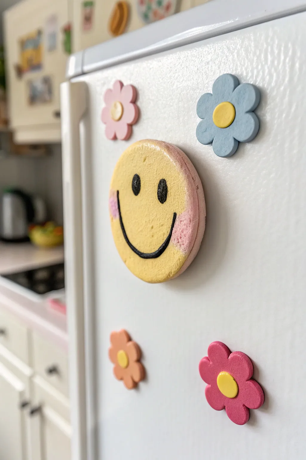 Playful air dry clay fridge magnets in cheerful pastels, simple shapes, and cozy minimalist charm.