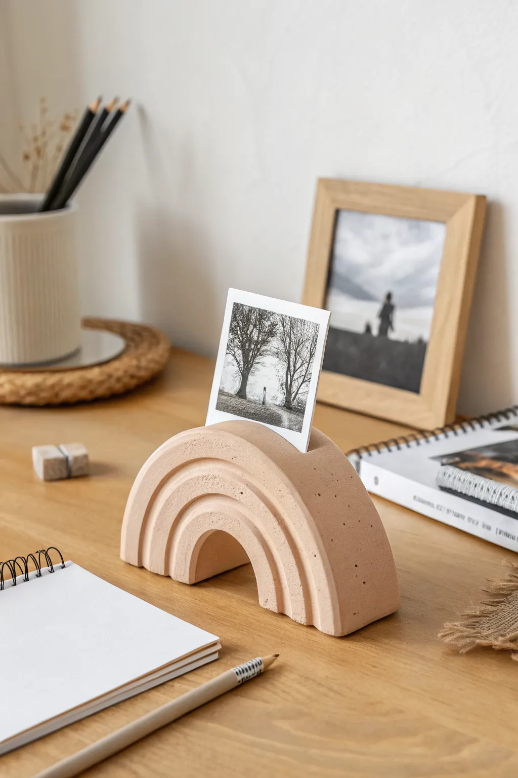 Minimal air-dry clay photo and card holder stand, Scandinavian calm with a boho touch.