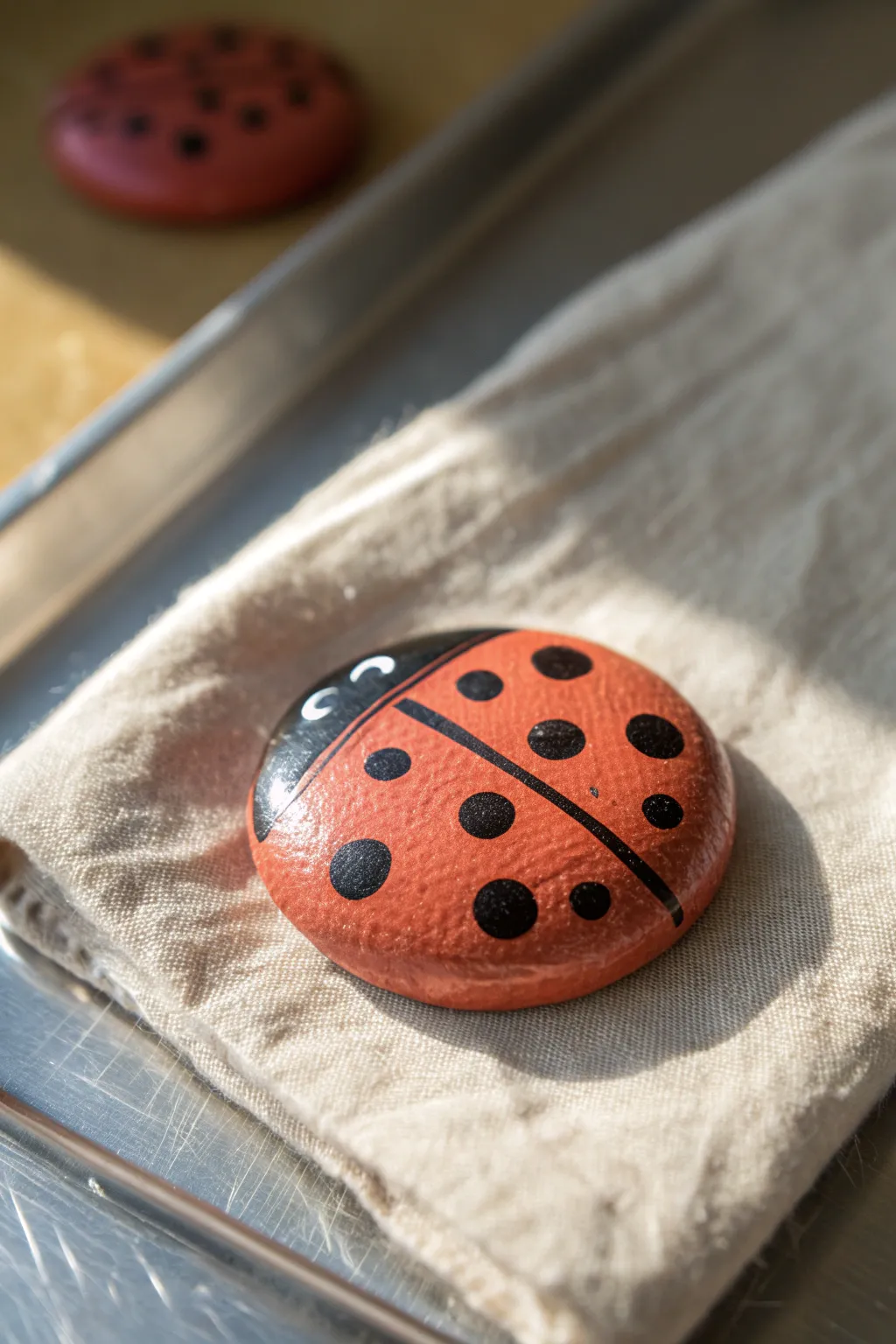 Cute air dry clay ladybug magnet with bold dots, perfect kid-friendly craft for the fridge.