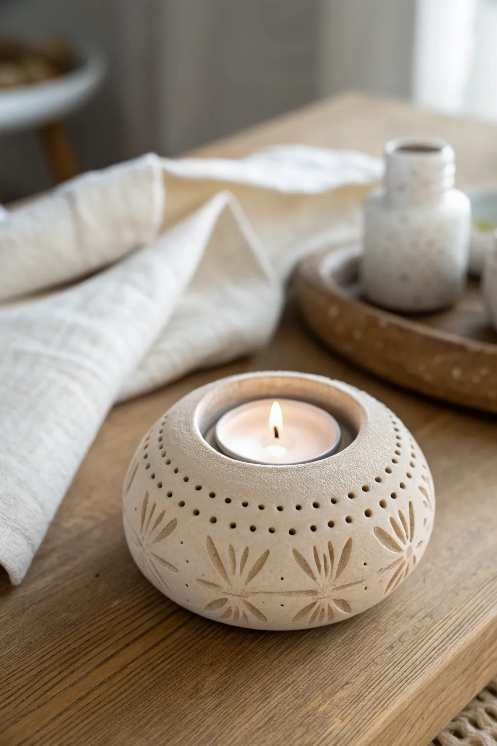 Warm neutral textured tealight holder in air dry clay style, minimal and cozy with soft contrast