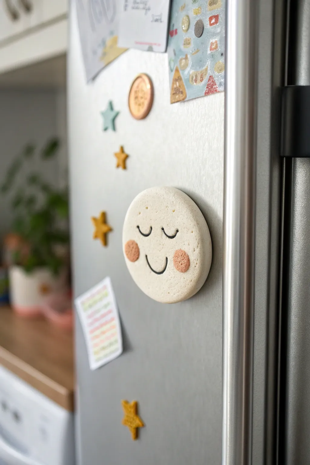 Sweet air dry clay fridge magnet idea: minimal smiley on steel with soft pastel accents