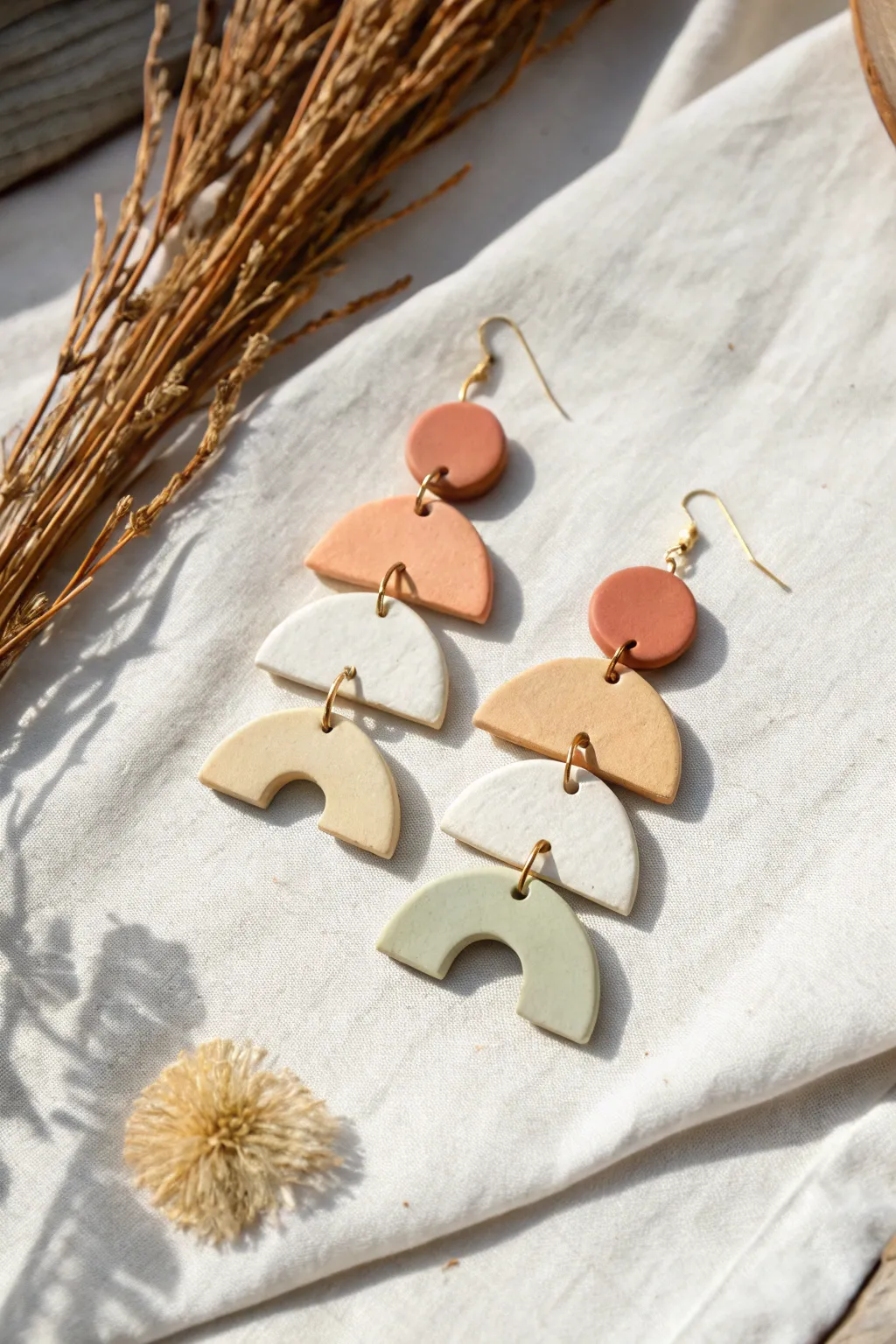 Color-blocked geometric air dry clay earrings on linen, minimal, modern and handmade.