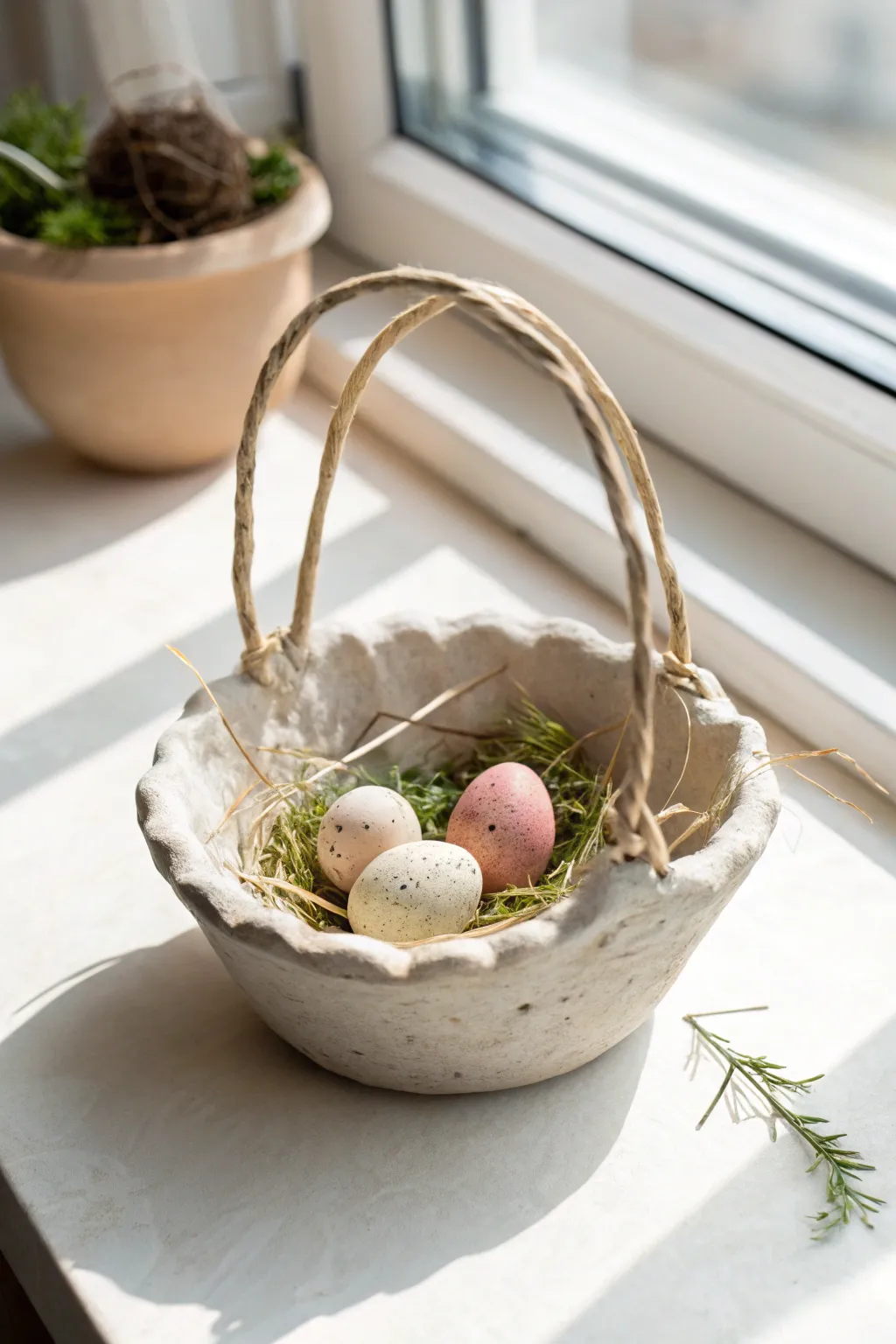Mini air dry clay basket bowl filled with pastel eggs and paper grass, simple and sweet.