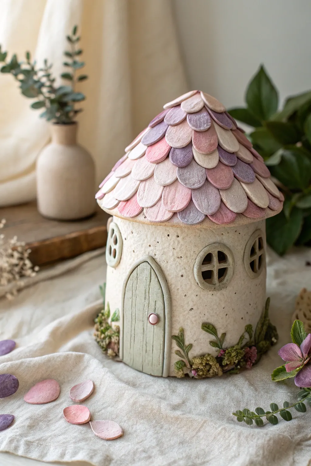 Air dry clay fairy cottage with a layered flower petal roof and soft vines, simple and dreamy