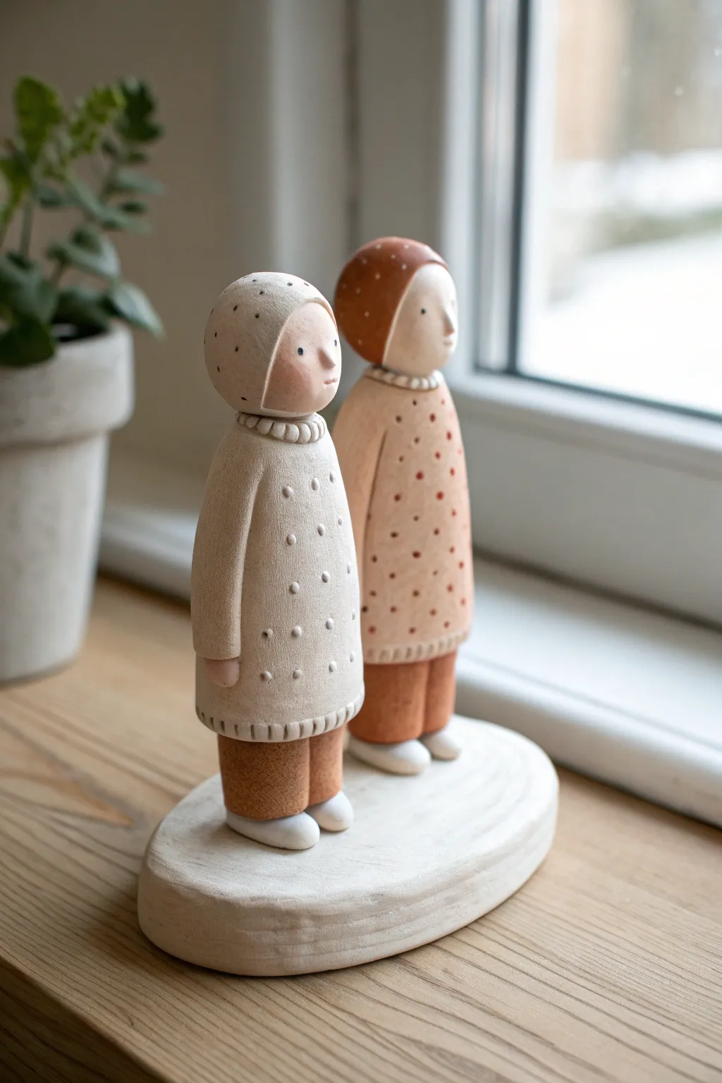 Tiny air dry clay people in cozy sweaters, minimalist desk companions with soft boho vibes.