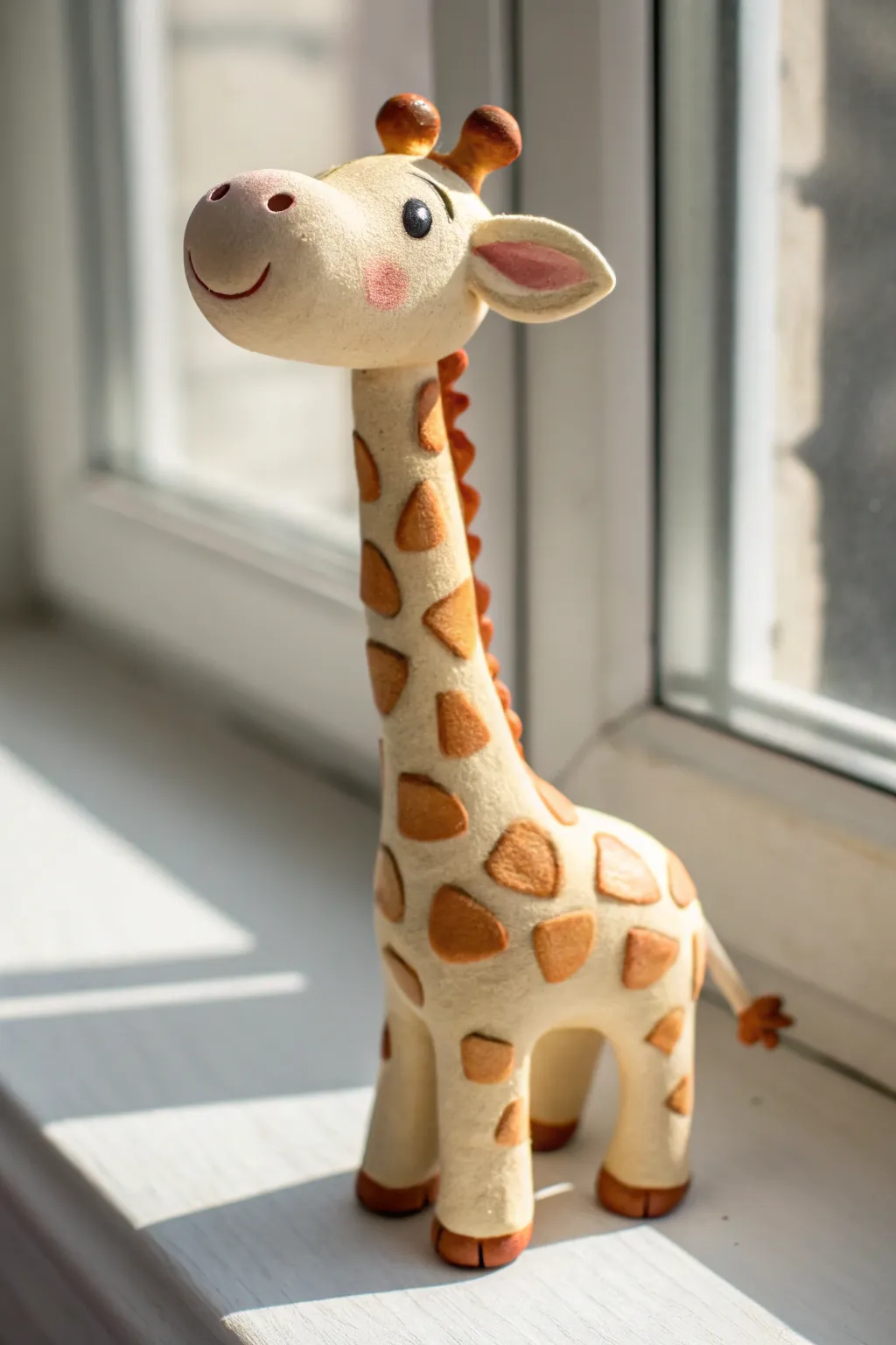 Kawaii giraffe cake-topper figurine in air-dry clay, simple spots and sweet pastel finish.