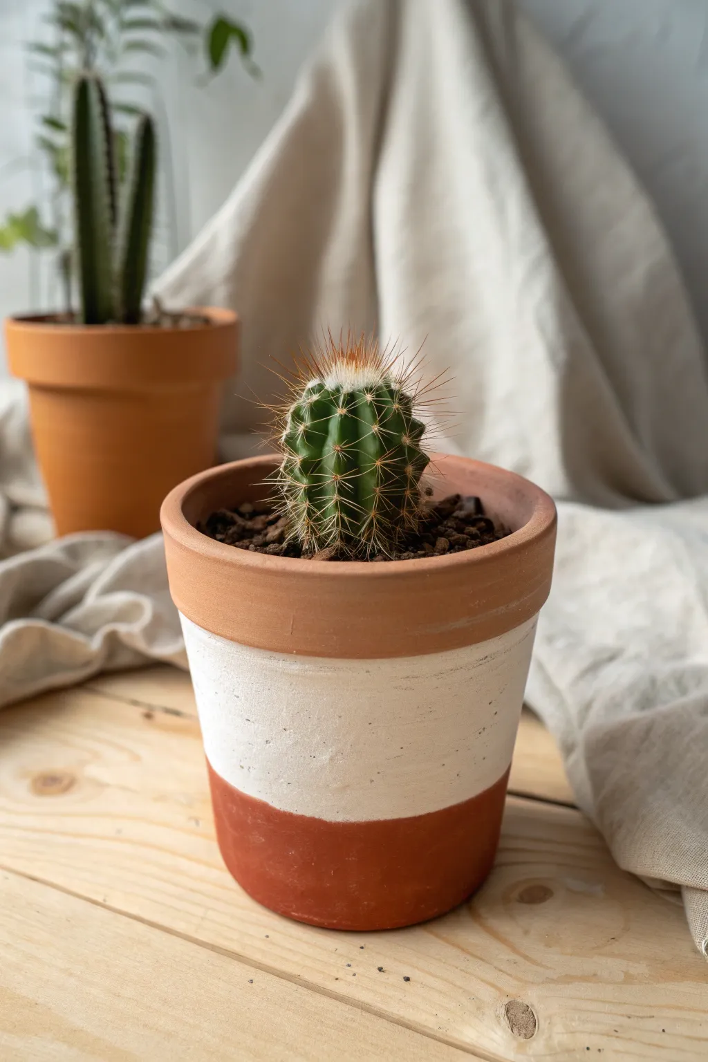 Minimal two-tone dip-painted air dry clay pot with cactus, clean lines and warm terracotta.
