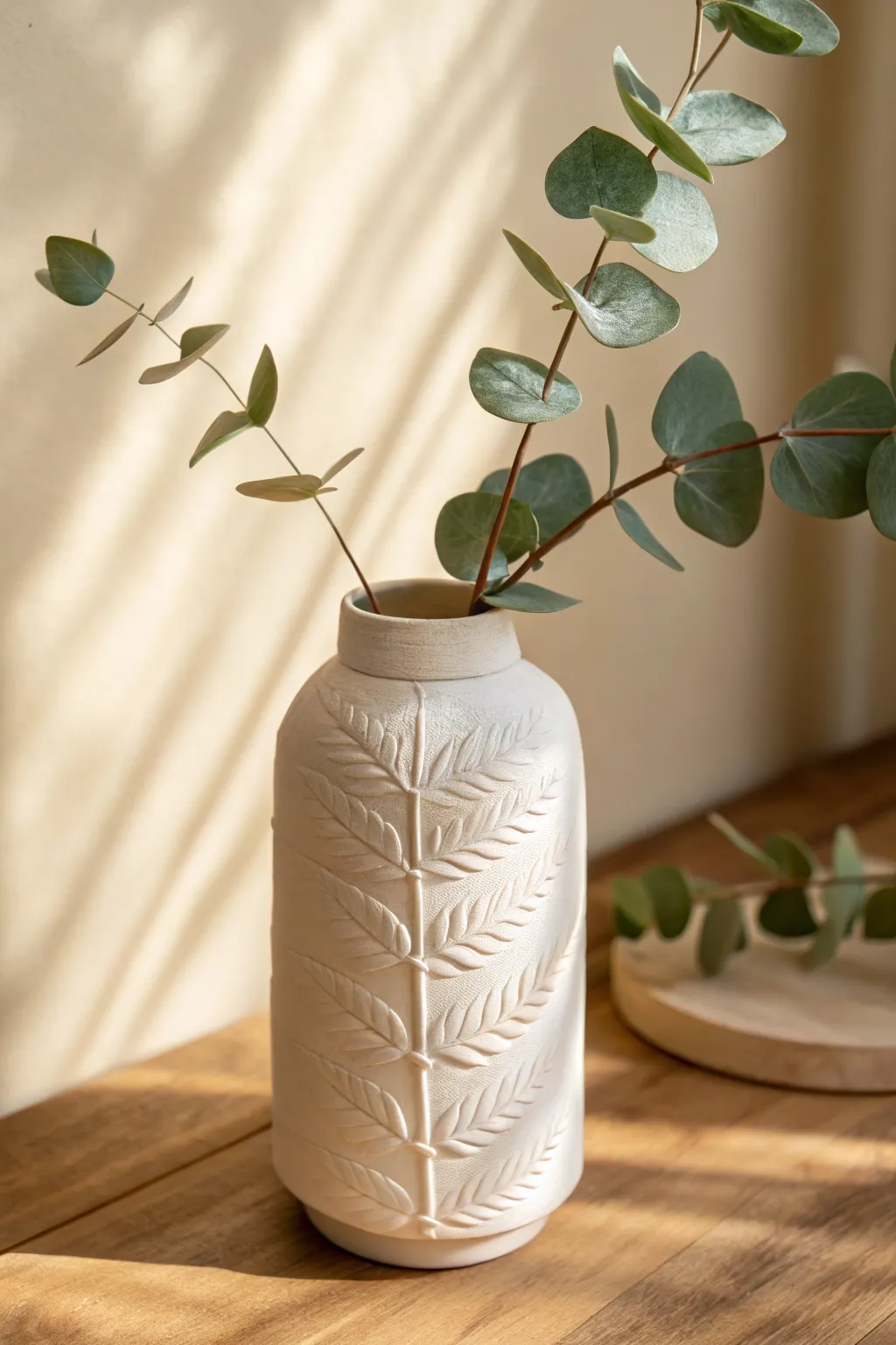 Leaf-imprint wrap vase in air dry clay, minimalist and botanical with soft Scandinavian warmth