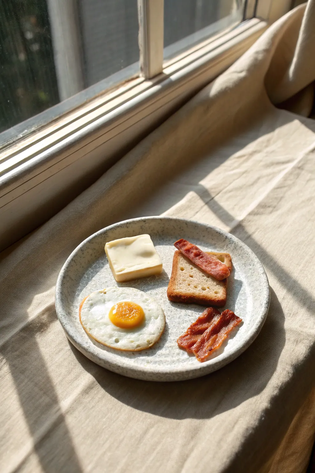Cozy air-dry clay mini breakfast plate with egg, toast and bacon in warm morning light