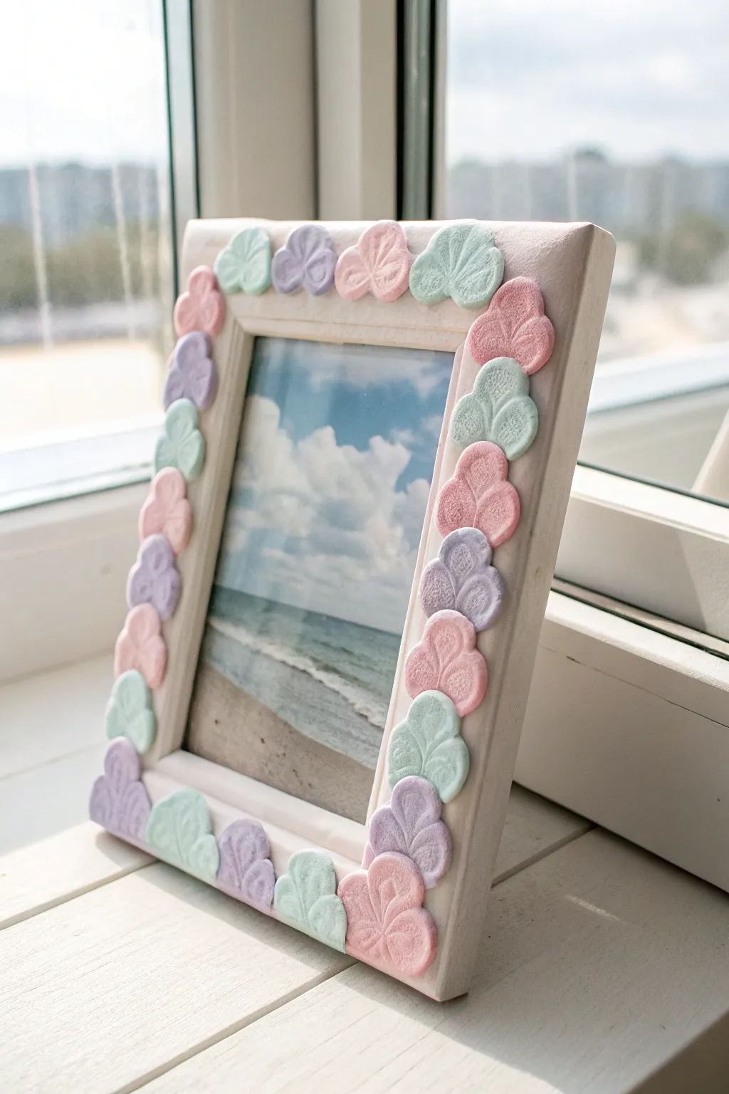 Soft pastel cloud clay frame for dreamy photos, minimalist boho style, bright airy light.