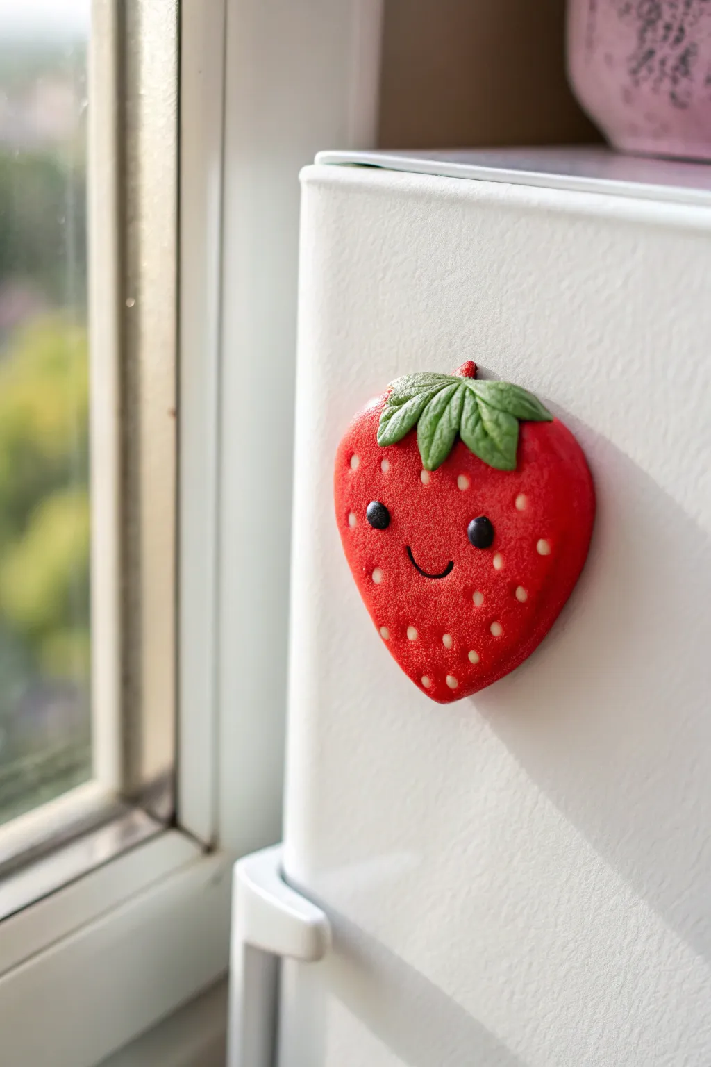 Sweet strawberry air-dry clay magnet brings a playful pop of red to your minimalist kitchen.