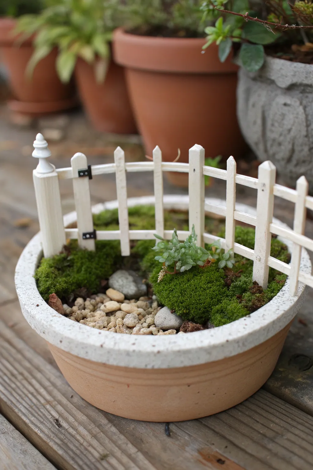 Tiny air dry clay fence pieces curving around moss and pebbles for a dreamy mini garden.