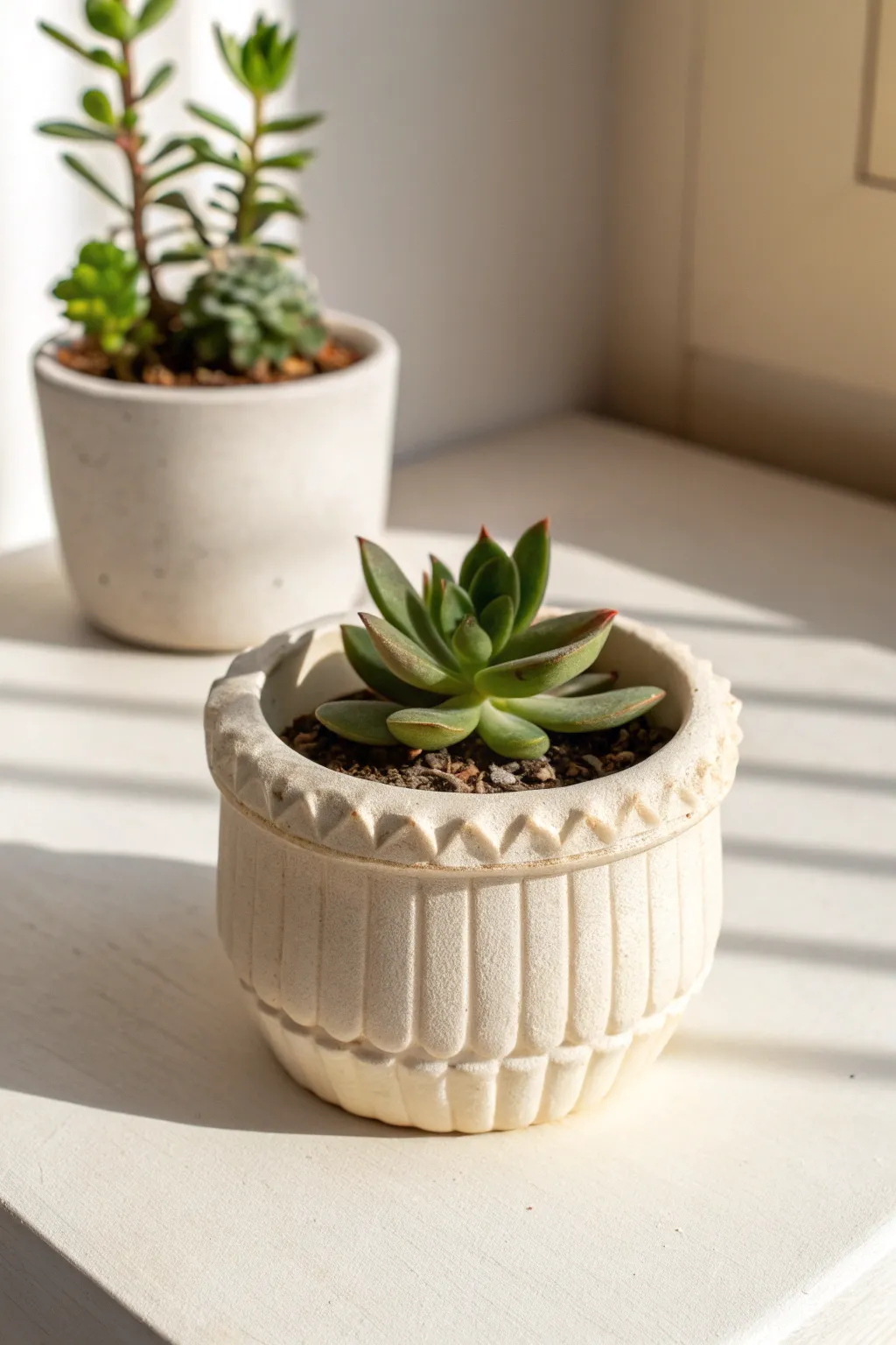 Minimal air dry clay mini planter with a tiny succulent and easy carved texture detail