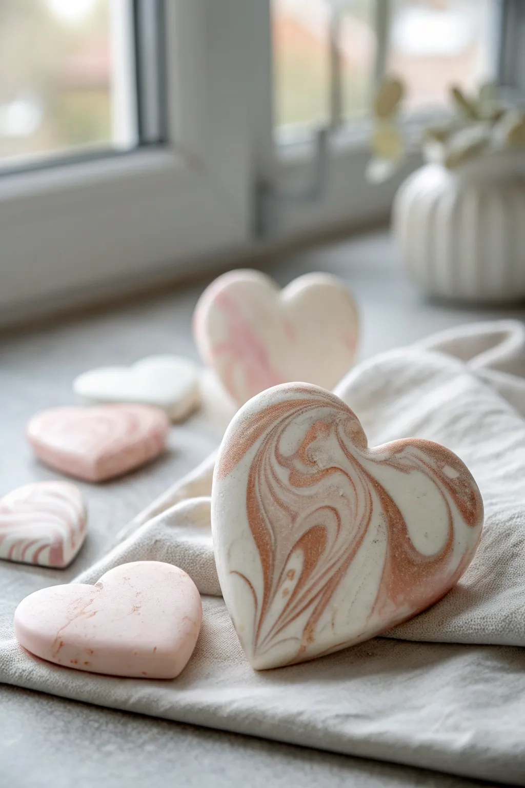 Marbled air dry clay heart in blush and white, minimalist Nordic styling with soft contrast