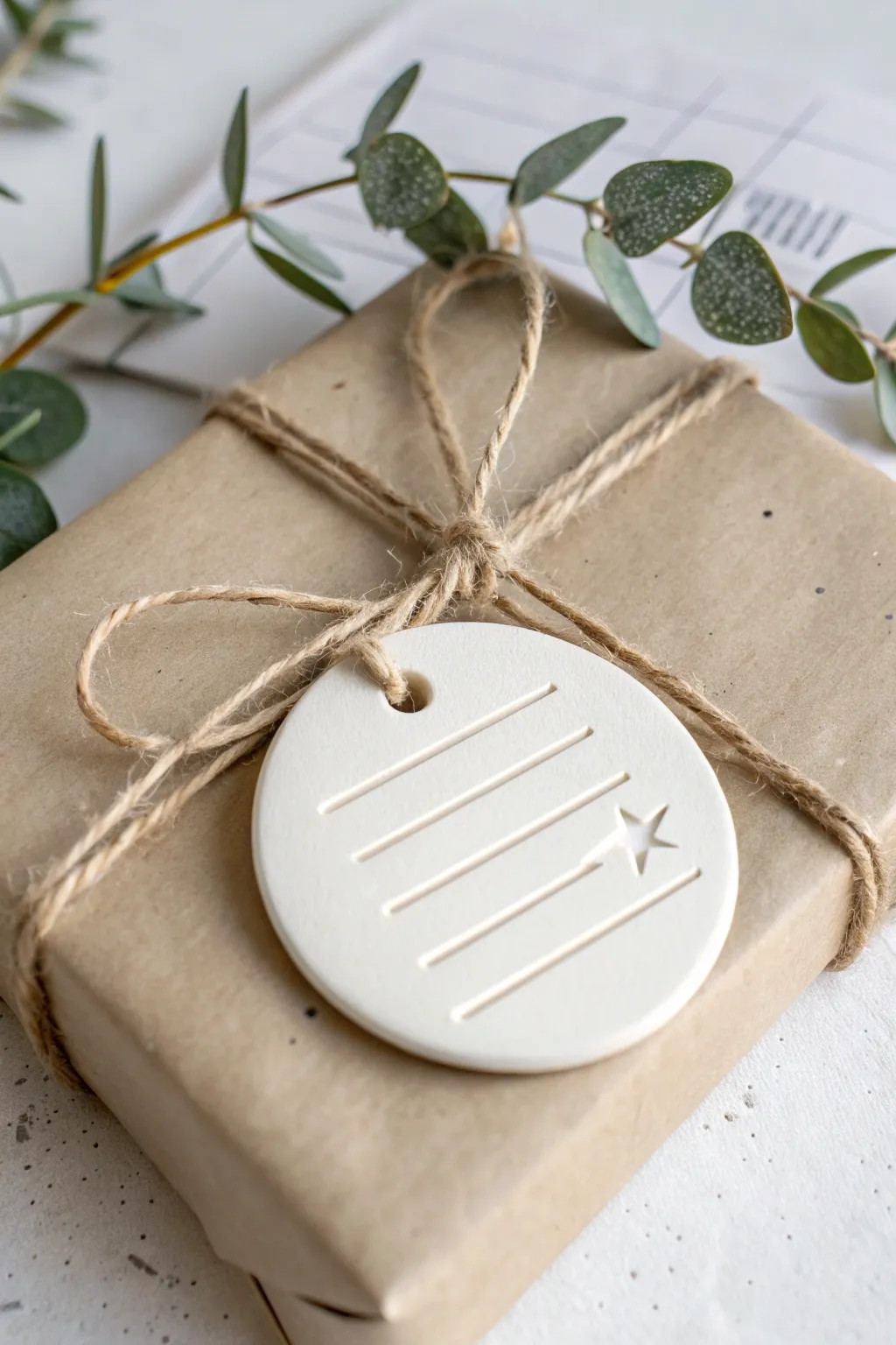 Minimal air-dry clay gift tag ornament with twine and star cutout, perfect for holiday wrapping