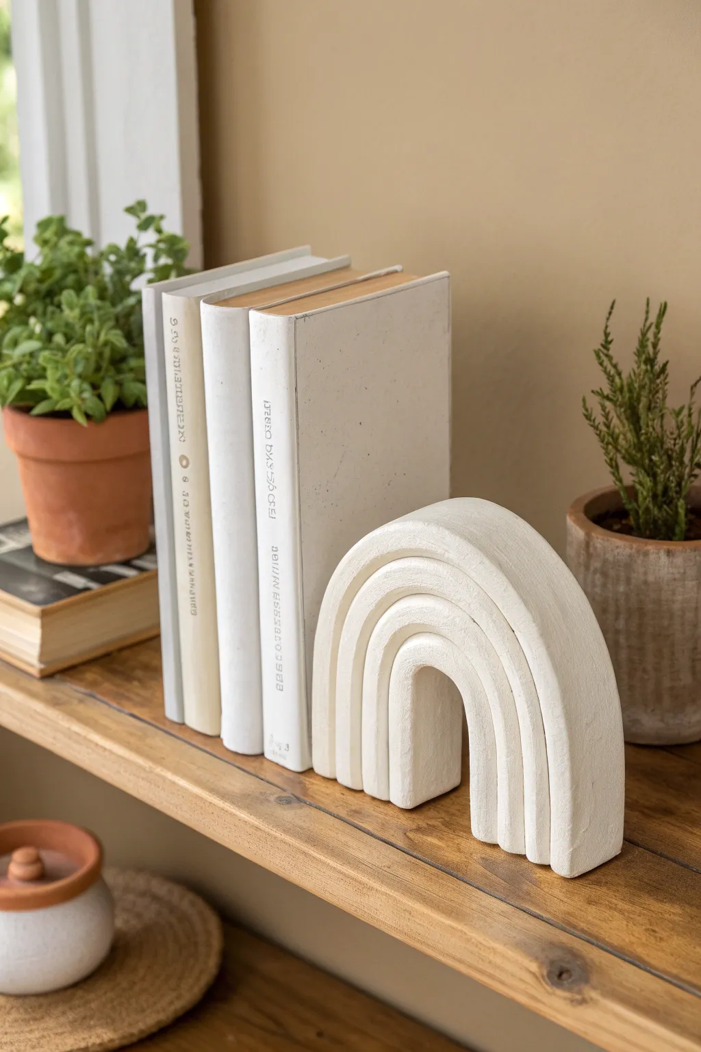 Soft-curve air-dry clay bookends for a calm, modern shelf with a hint of boho warmth