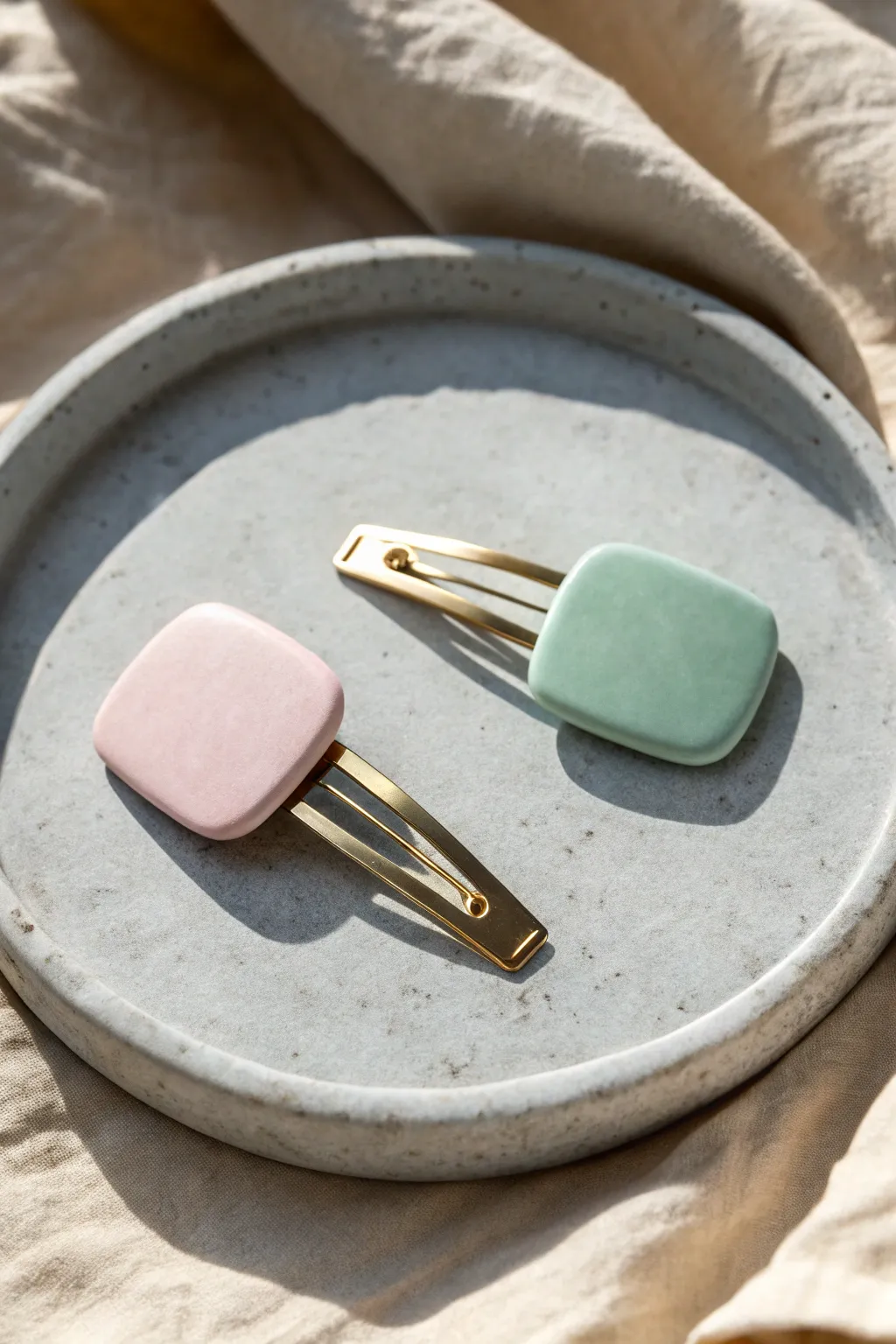 Matte pastel clay hair clips in blush and sage, styled simply for a clean minimalist look