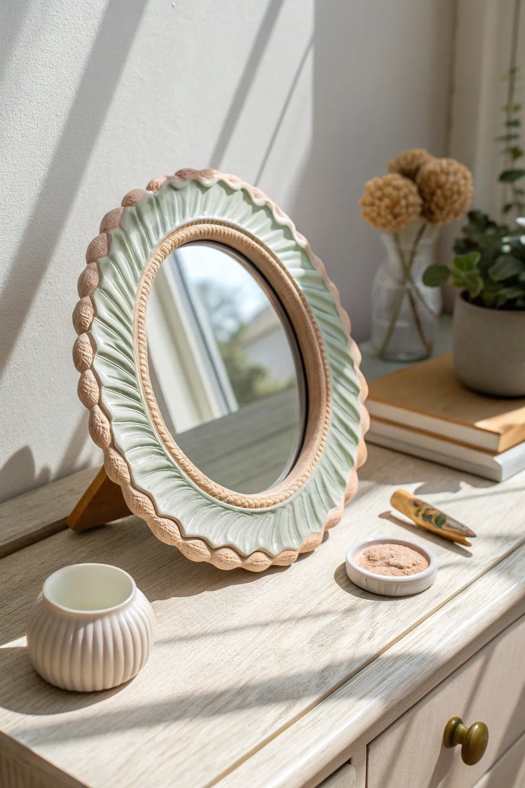 Soft pastel wavy clay mirror frame for an airy, minimalist vanity moment with boho charm.