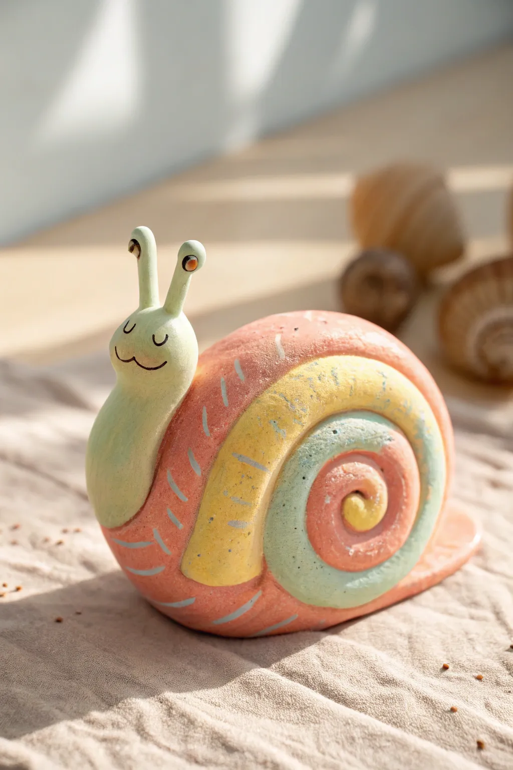 Bright air dry clay snail with a swirly shell and tiny antennae, styled minimalist and cute