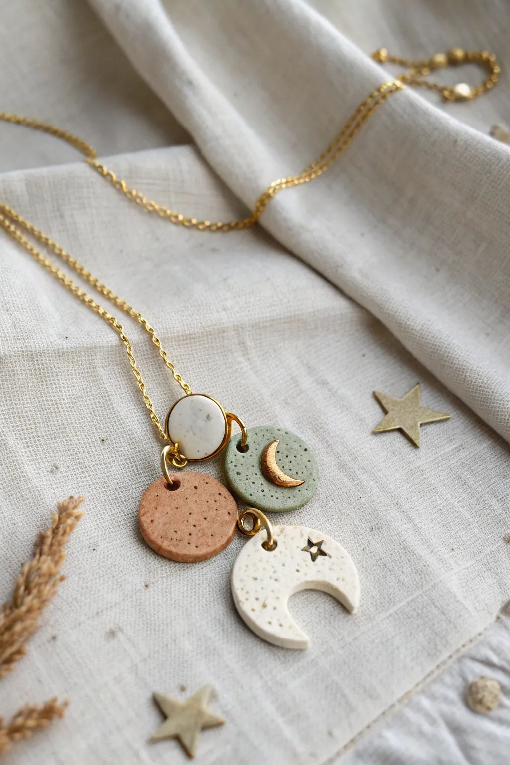 Minimal layered air dry clay pendant charms in soft earthy tones, styled with a simple chain