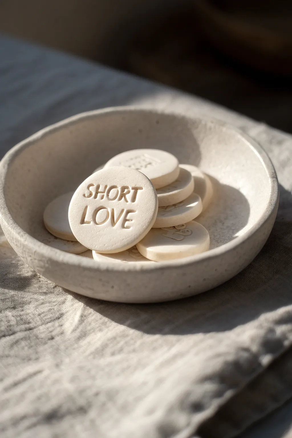 Warm clay message tokens in a simple dish, a sweet DIY date night keepsake you will use again