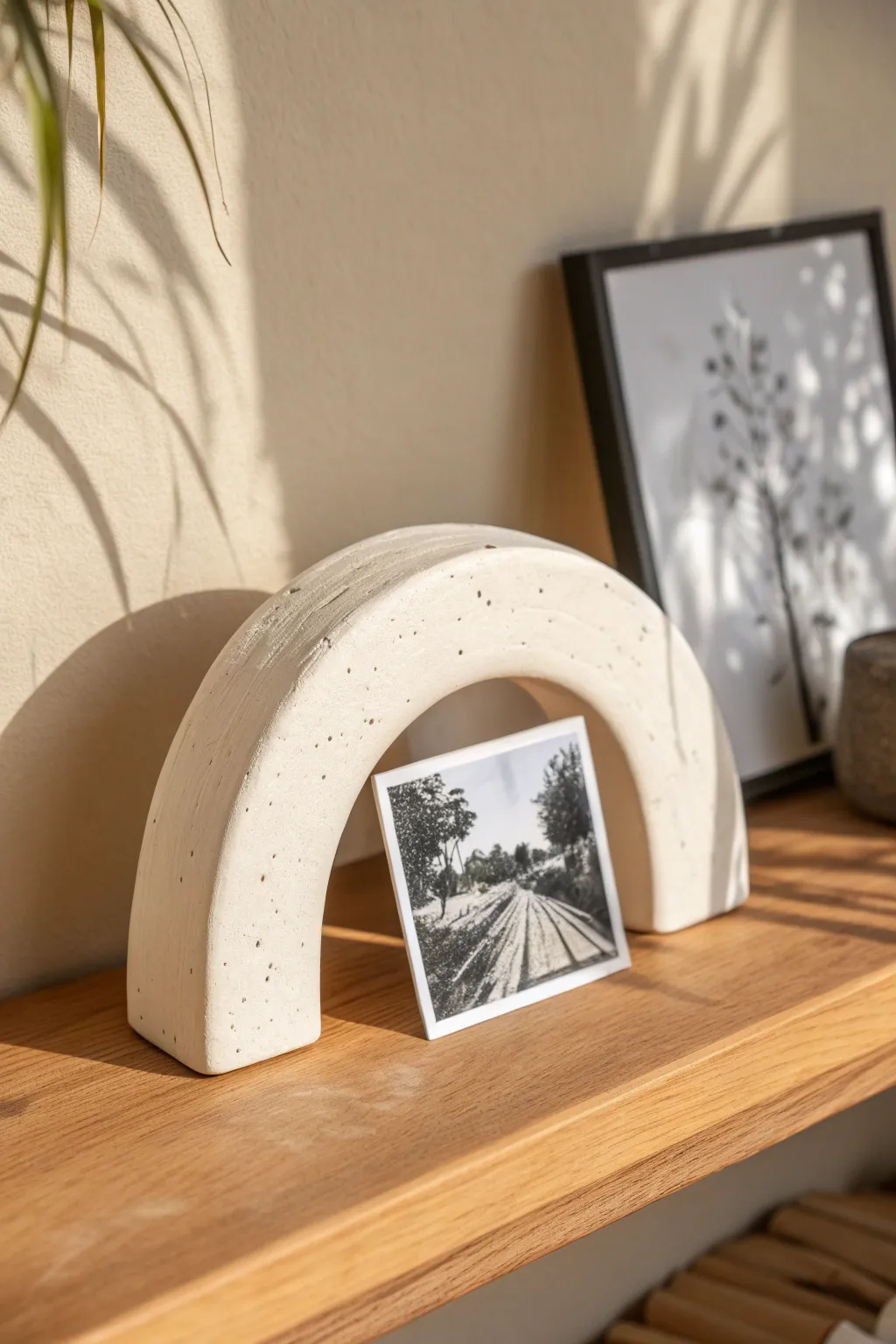 Minimal air dry clay arch photo holder with a monochrome print, styled in calm Scandinavian boho.