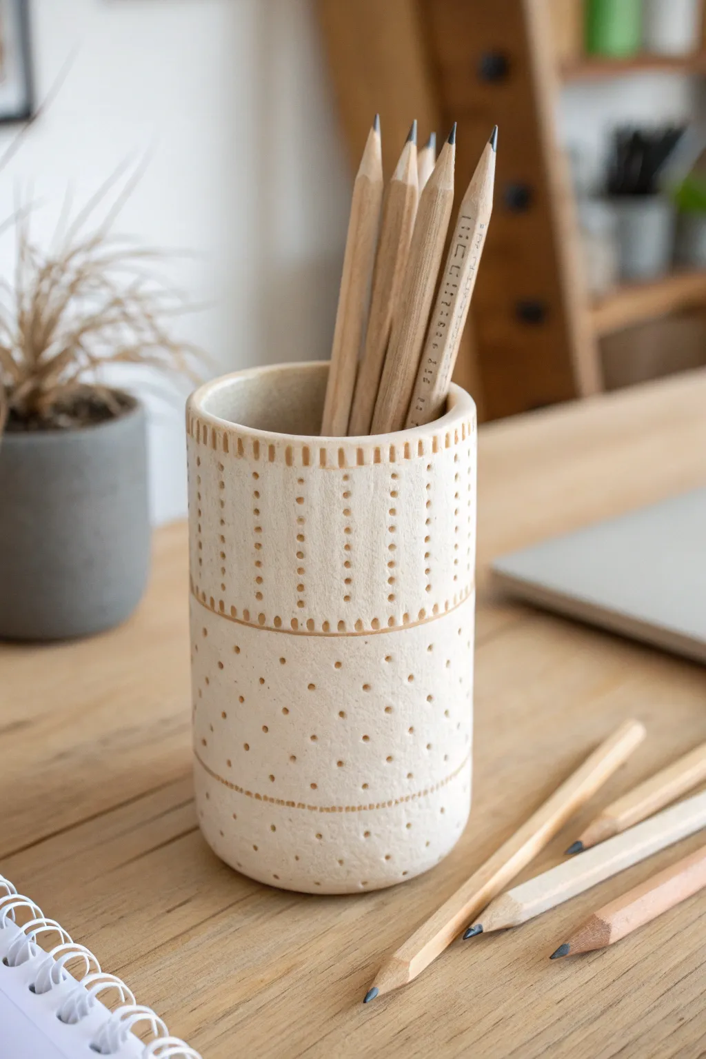 Beginner-friendly textured clay pencil cup with simple pressed patterns, clean and cozy desk styling