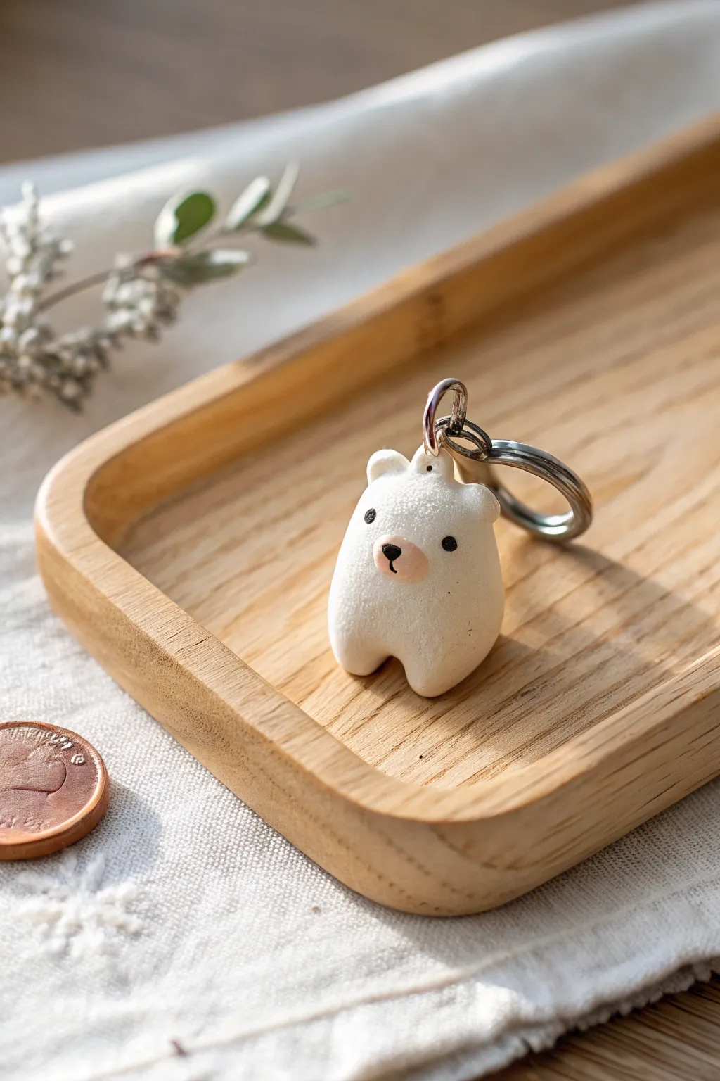 Tiny air dry clay bear charm with minimal paint, shown beside a coin for easy scale.