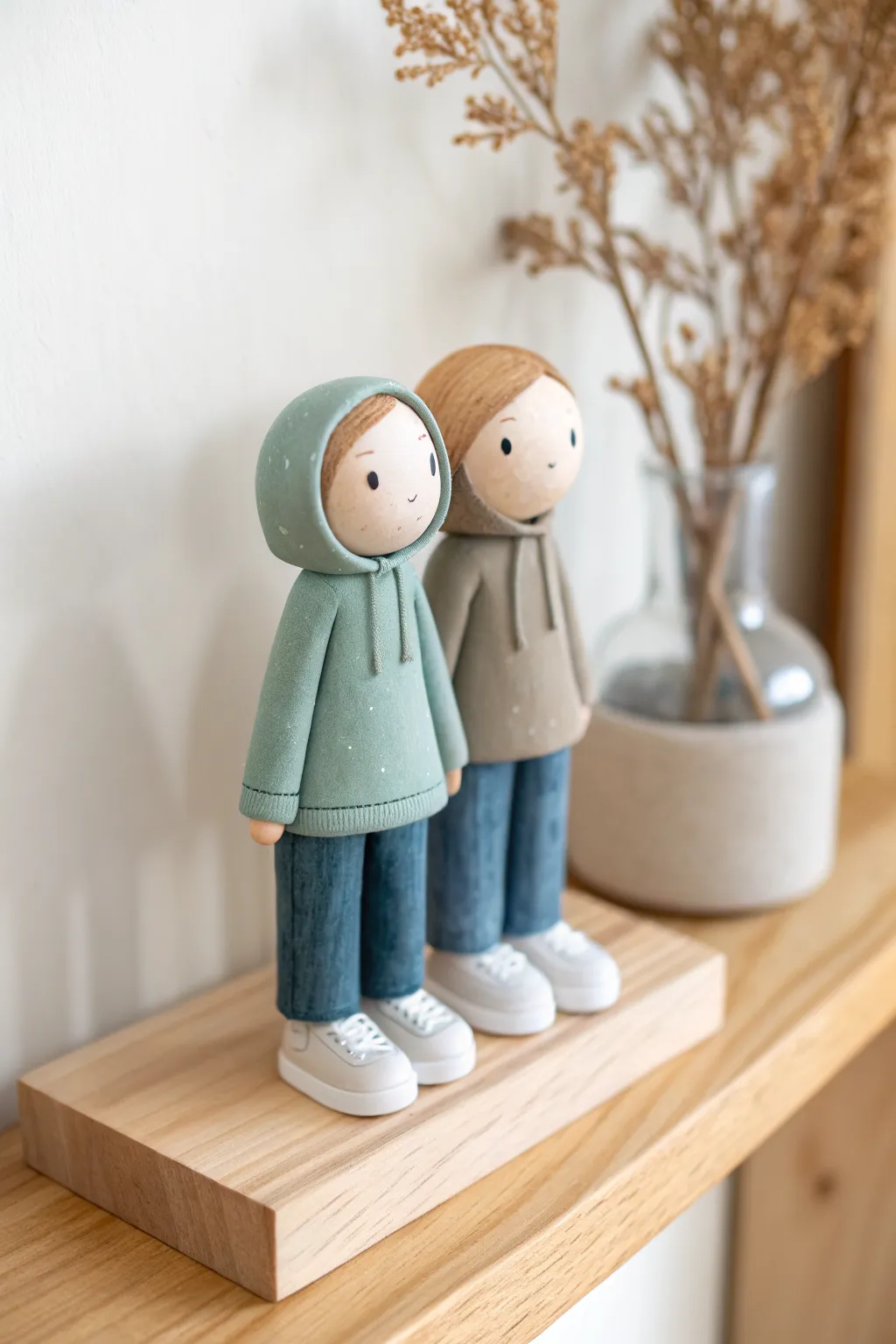 Mini air dry clay couple in everyday outfits, sweet handmade shelf decor for your boyfriend
