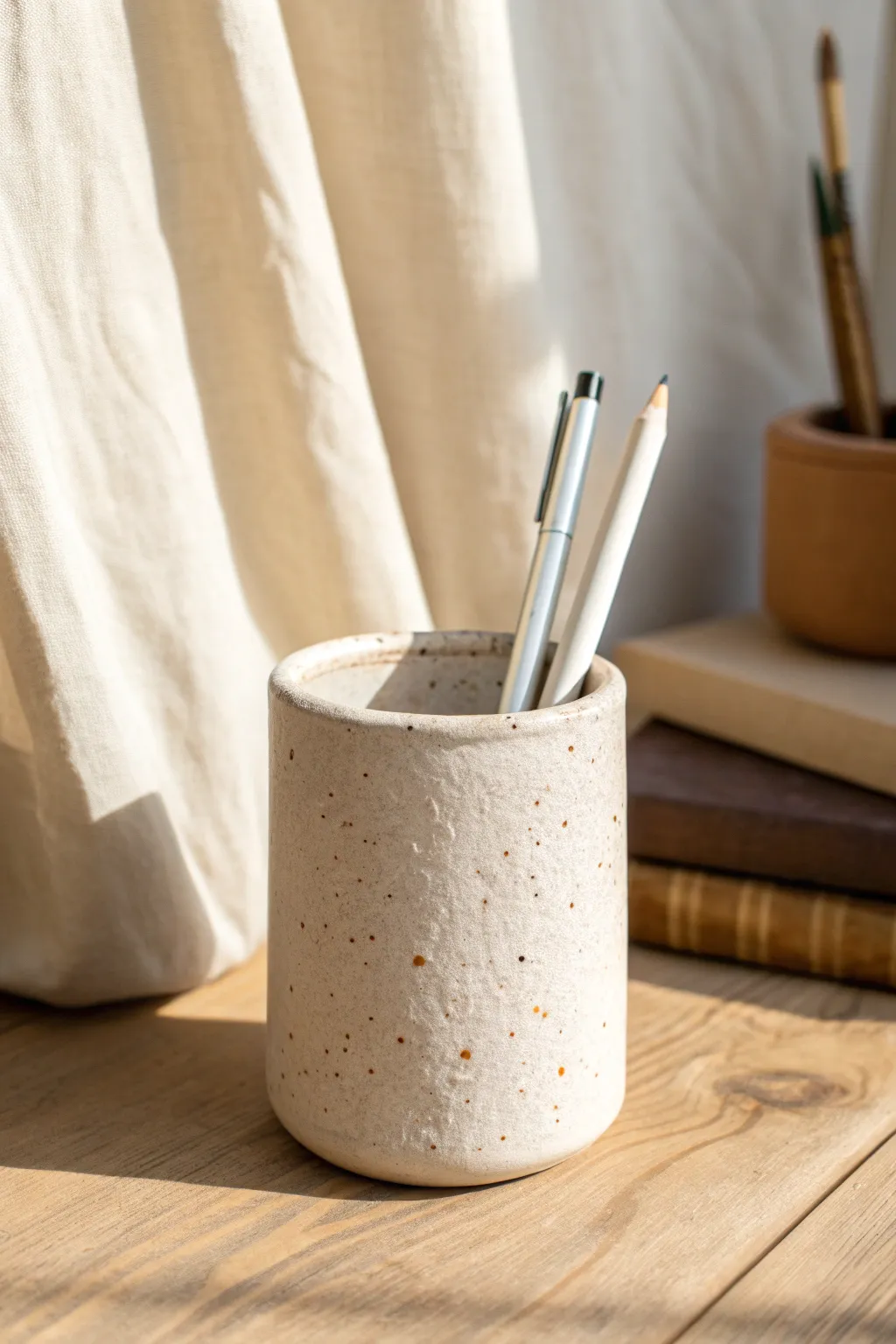 Handmade air dry clay mini pen cup with kid scribble texture, a practical Fathers Day gift