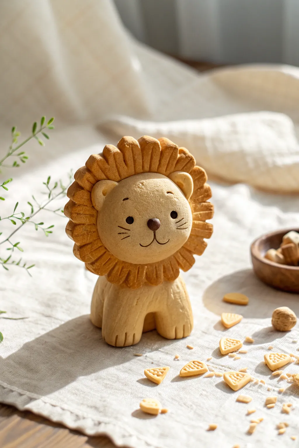 Sweet air dry clay lion with an easy textured mane, bright natural light and cozy minimal styling